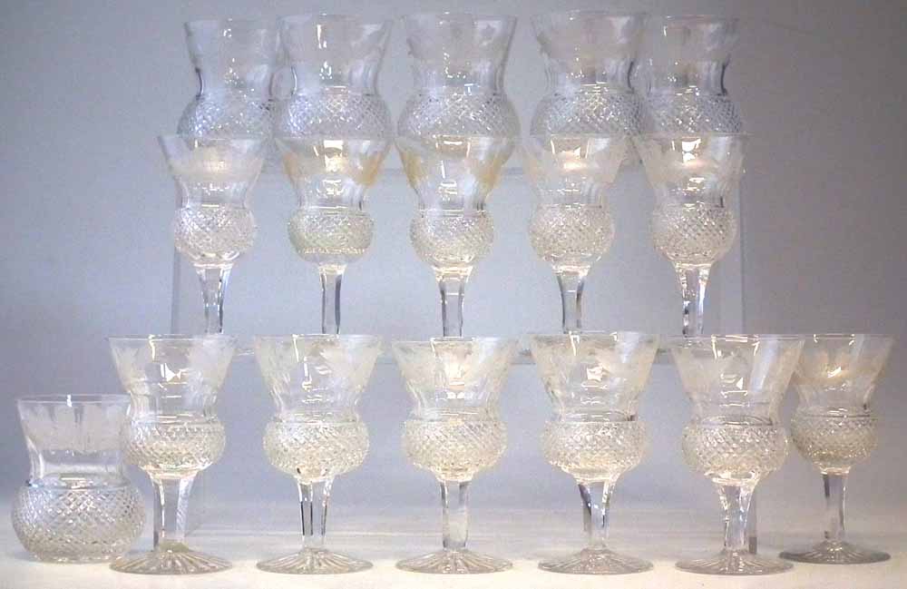 Collection of Edinburgh Crystal thistle pattern glass, to include six tumblers, six sherry glasses