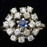 18ct white gold sapphire and diamond cluster ring, London 1971, ring size O, 7.4g