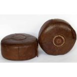 Pair of Moroccan leather pouffes with stitched decoration, diameter 58cm.
