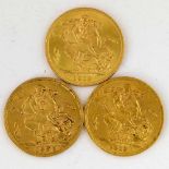 Edward VII gold sovereign, 1906 (F); two George V gold sovereigns, 1912, 1913, (VF, EF) (3)