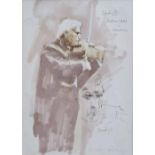 Harold Riley (1934-), Study of Menuhin at the Royal Festival Hall, signed and titled, pen and ink,