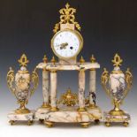 French marble and gilt metal clock set, the drumhead case on four columns with a white enamel dial