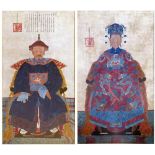 Two large Chinese Ancestor pictures of a Qing emperor and empress, 180 x 90cm, in gilt glazed