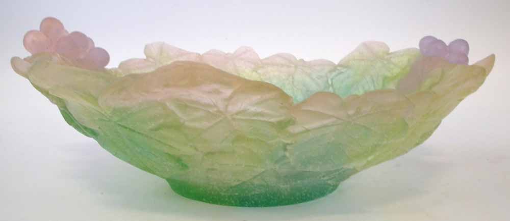 Daum bowl, green and pink coloured body moulded with grapes and leaves, etched mark to foot, with - Image 3 of 9