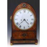 Brass inlaid mahogany lancet shaped bracket clock with pierced brass sides, convex Roman dial,