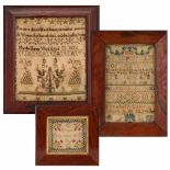 Three embroidered samplers by Martha Shaw, aged 13, 1826, 30 x 26cm; Elizabeth Dakin, 1824, 28 x