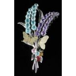 9ct white and yellow gold lavender spray brooch set with red, blue, yellow, green and purple stones,