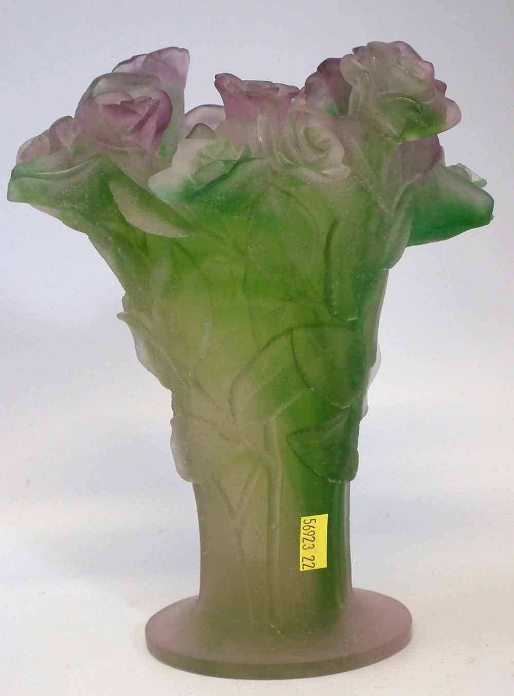 Daum vase, green and pink coloured body moulded with roses, etched mark to foot, with box 21.5cm - Image 3 of 10