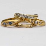18ct gold sapphire and diamond ring, 1918; 18ct three-stone diamond ring, 1901; 9K gold diamond