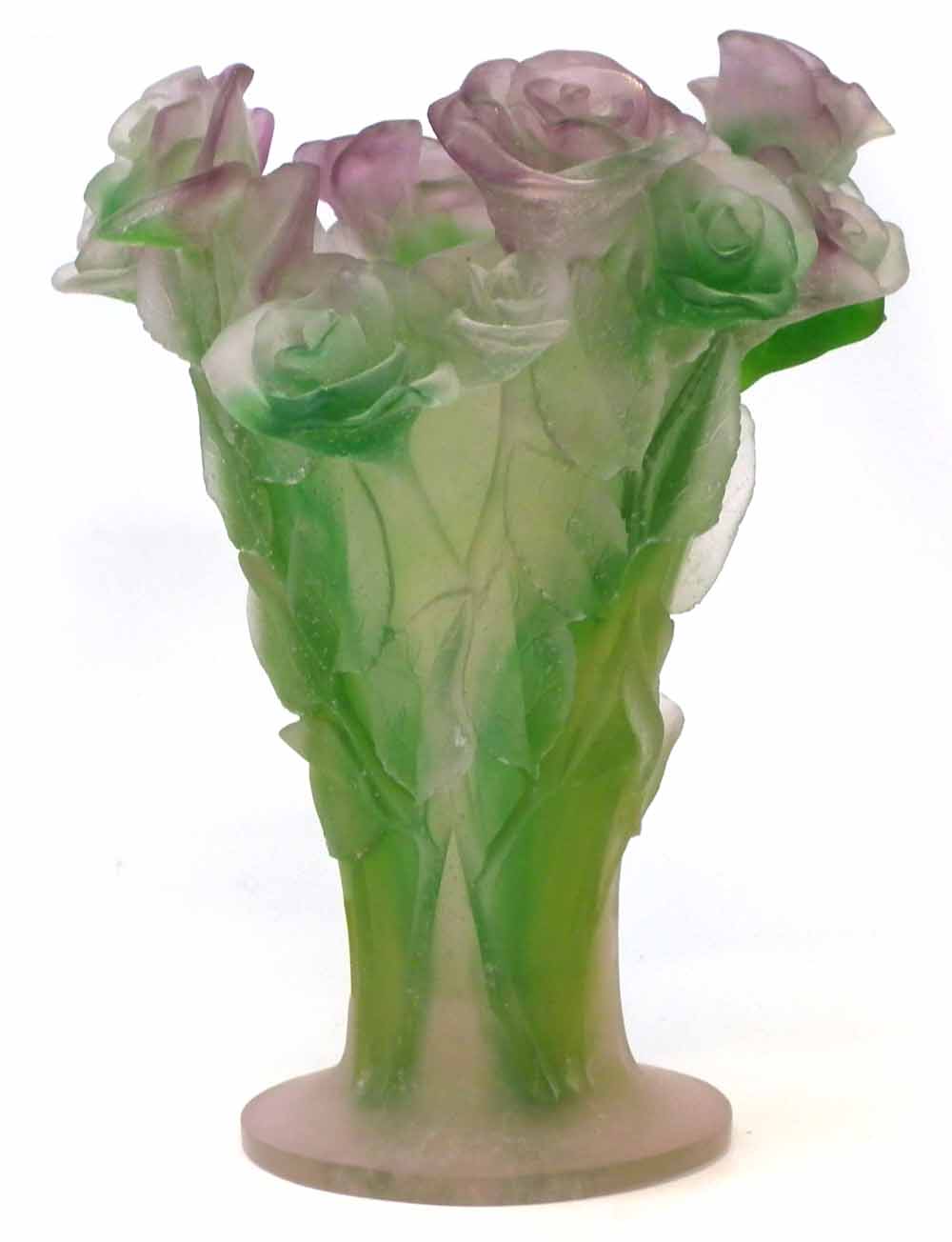 Daum vase, green and pink coloured body moulded with roses, etched mark to foot, with box 21.5cm - Image 2 of 10