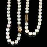 Cultured pearl necklace, approximately 6.5mm, on a 9ct gold clasp, length 72cm; another pearl