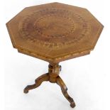 Victorian walnut octagonal tripod table, the marquetry top of birds on a banded column, width 65cm.