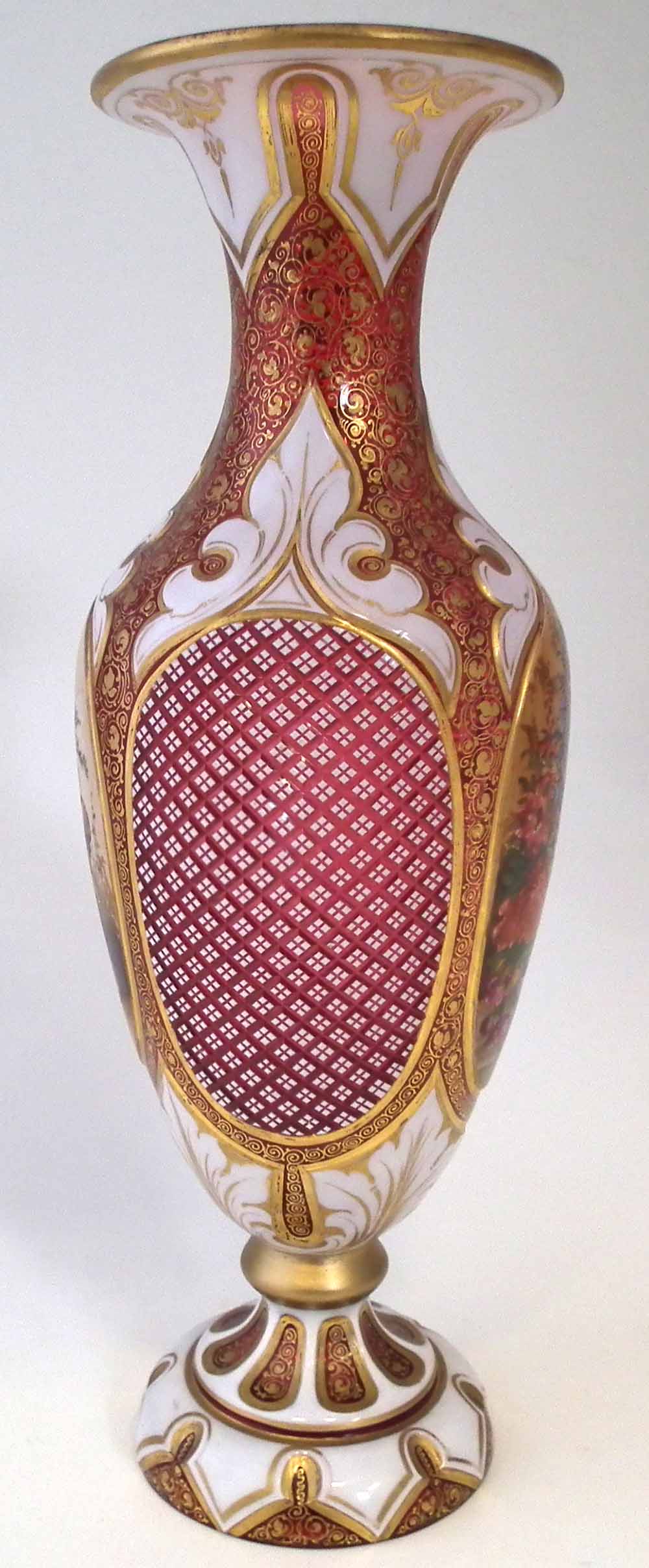 Bohemian overlay glass vase, the white top layer cut through to ruby glass, painted with a lady - Image 6 of 11