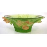 Daum bowl, green and orange coloured body moulded with daffodils, etched mark to foot, with box,