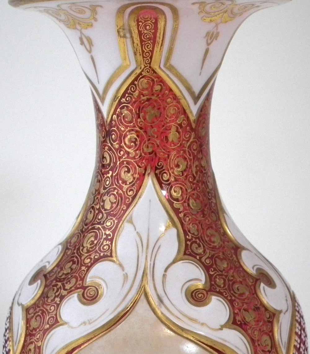 Bohemian overlay glass vase, the white top layer cut through to ruby glass, painted with a lady - Image 3 of 11