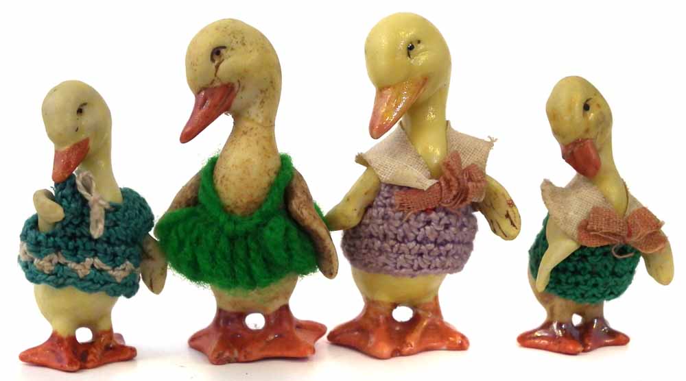 Hertwig four piece bisque Duck doll family, with porcelain jointed legs and wings, the tallest