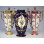 Three Minton twin handled vases, two with covers, painted with roses and flora on blue, yellow,