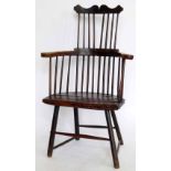 Thames Valley fruitwood stick back elbow chair with a solid seat on turned legs (old repairs).