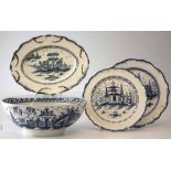 Collection of pearlware circa 1800, to include two plates, a bowl and an oval dish or stand, painted