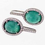 Pair of cabochon emerald and diamond oval pendent earrings set in 750 white gold marked "Grumser",