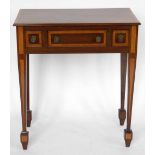 Mahogany side table of three drawers banded in satinwood, width 67cm.