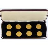 Cased set of eight Victoria young head sovereigns, 1842 - 1845, 1847, 1851, 1853, 1854.