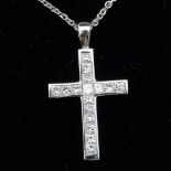 Platinum (950) cross pendant set with sixteen princess cut diamonds, length 24mm, on platinum