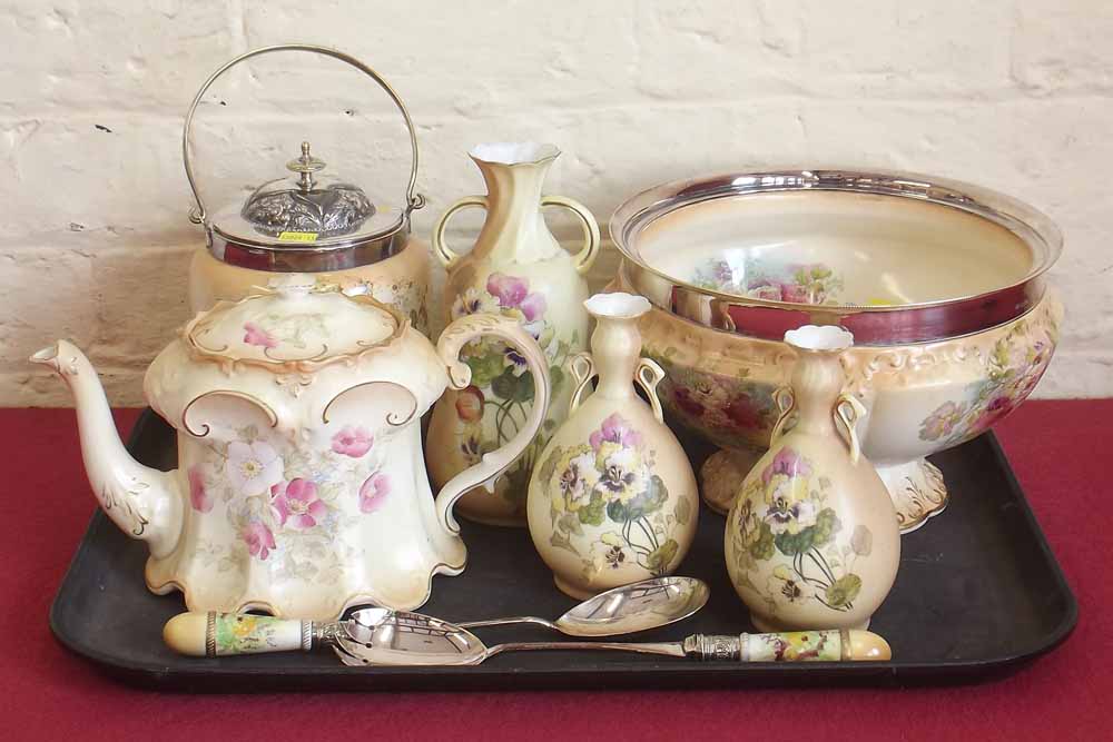 Royal Crown Devon salad bowl and servers, biscuit barrel and various vases. Condition report: see