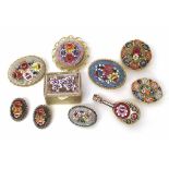 Collection of micro mosaic brooches and a box. Condition report: see terms and conditions