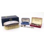 Pair of 9ct gold cufflinks, two 9ct signet rings and metal tie clips and a silver backed hair brush.