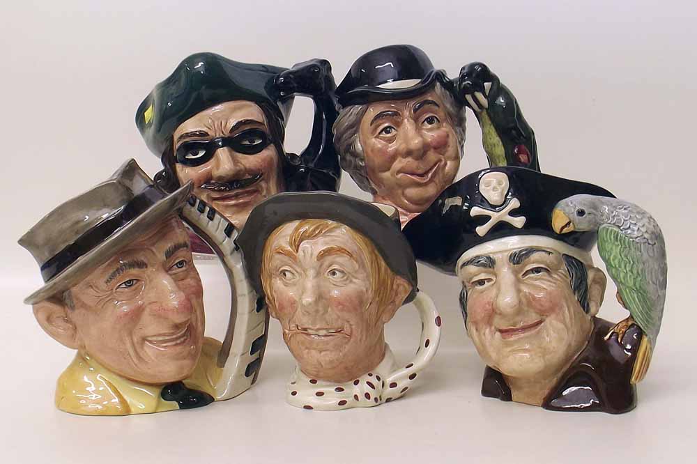 Five Royal Doulton large character jugs: Walrus and Carpenter, Dick Turpin, Jimmy Durante, Long John