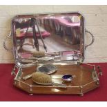 Oak two handled tray with EPNS fittings and one other tray, silver brush and mirror and open salt.