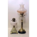 Victorian corinthian column oil lamp with glass bowls and smaller later lamp. Condition report: