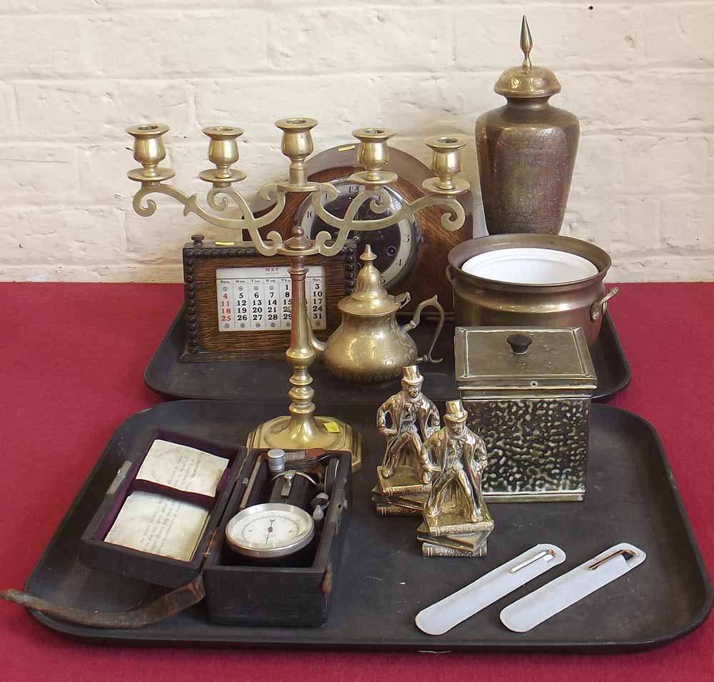 Early 20th century oak desk calendar mantel clock, cased Tacometer gauge and quantity of brass ware.