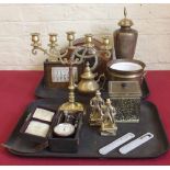 Early 20th century oak desk calendar mantel clock, cased Tacometer gauge and quantity of brass ware.