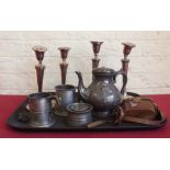 Two pairs of silver plated candlesticks, pewter inkwell and two tankards and a pair of leather cased