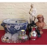 Group of decorative items including a terracotta bust, cast metal figure group, plaster figure of