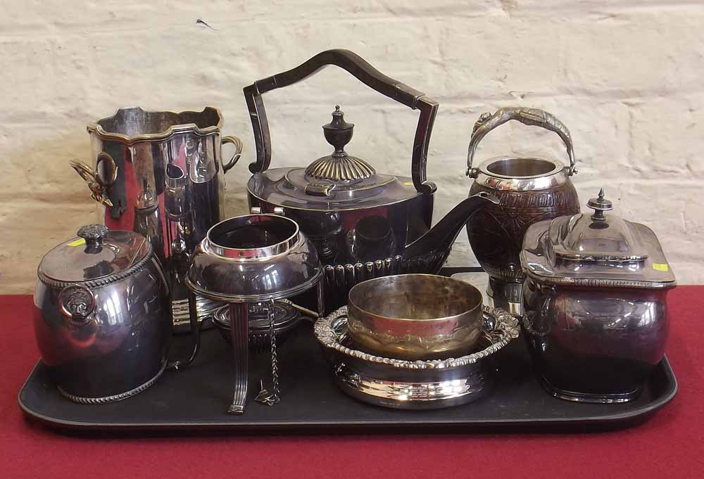 Plated spirit kettle, coaster, syphon stand and other plated ware. Condition report: see terms and