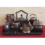 Plated spirit kettle, coaster, syphon stand and other plated ware. Condition report: see terms and