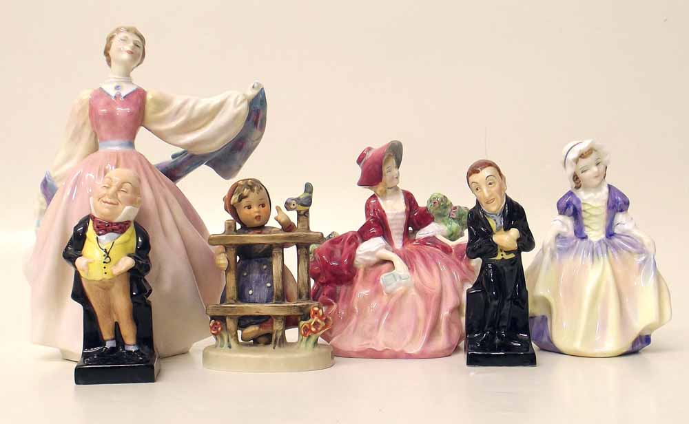 Three Royal Doulton ladies, two Dickens figures and Hummel girl. Condition report: see terms and