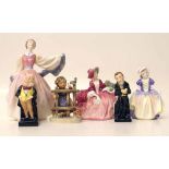 Three Royal Doulton ladies, two Dickens figures and Hummel girl. Condition report: see terms and