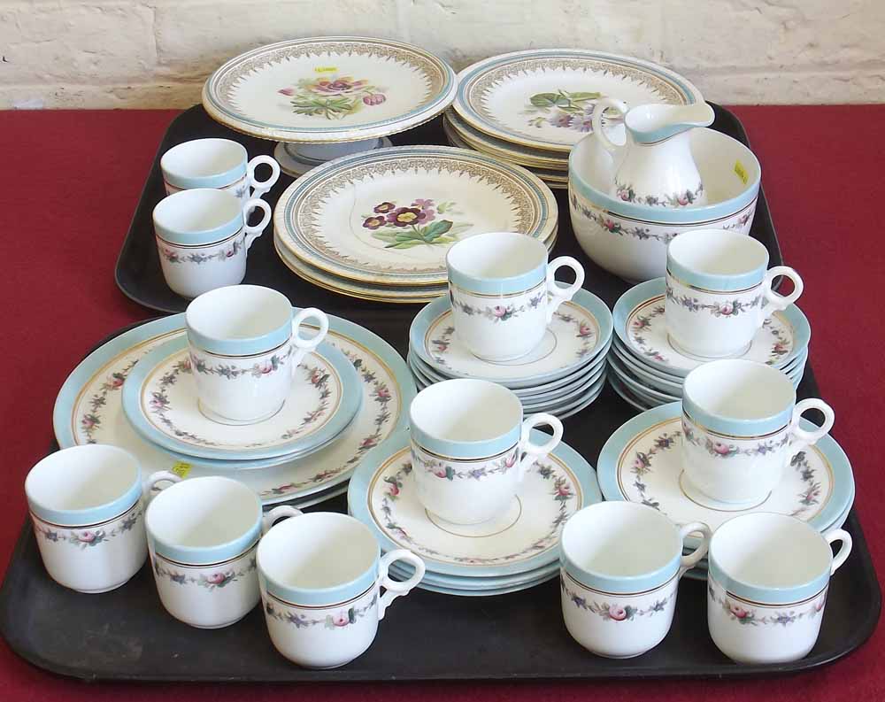 Eight Dressden plates and cake stand, Botanical hand painted decoration and twelve 12 piece tea set.