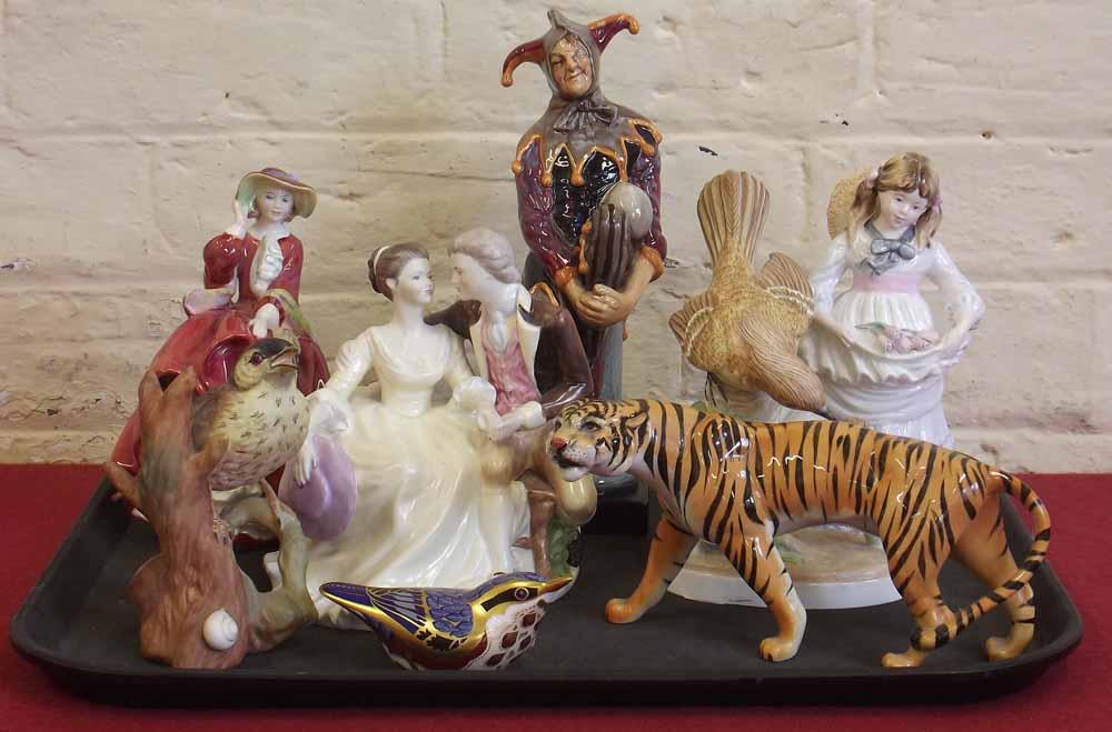 Royal Doulton Jester, Top O' The Hill Coalport Childhood Days and The Proposal, also a Beswick