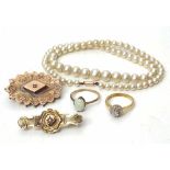 Two 9ct gold Victorian brooches, 18ct gold ring, another ring and a simulated pearl necklace.