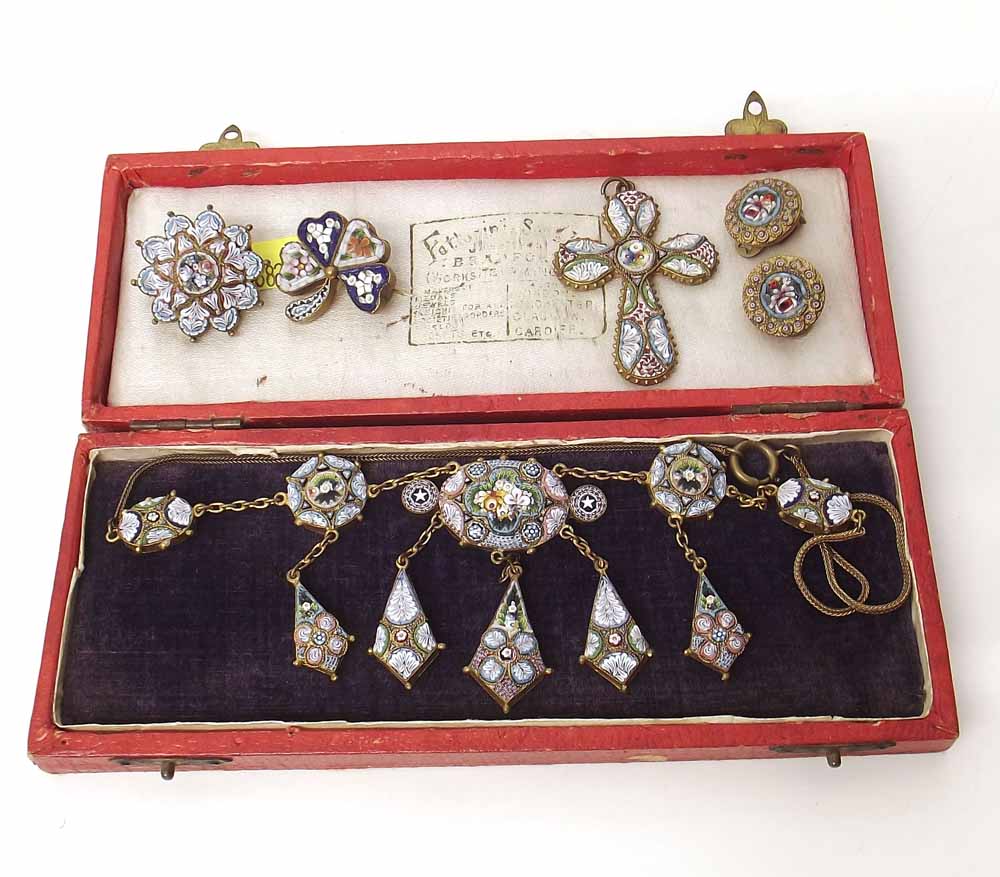 Micro mosaic necklace, a pair of earrings, two brooches and a cross pendant. Condition report: see