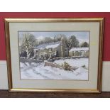Doris Brown watercolour of a Winter cottage. Condition report: see terms and conditions