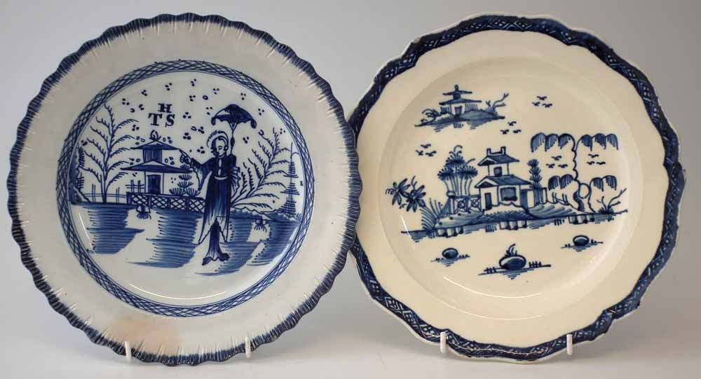 Pearlware plate initialled H.T.S. circa 1800, painted with a pointing Oriental figure, also a