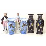 Pair of Staffordshire figures, pair of Victorian blue glass vases and a pair of Thomas Forresters