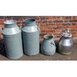 Three milk churns and stainless steel syphon. Condition report: see terms and conditions