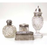 Silver topped sugar sifter, scent bottle, hair keep and pin box. Condition report: see terms and